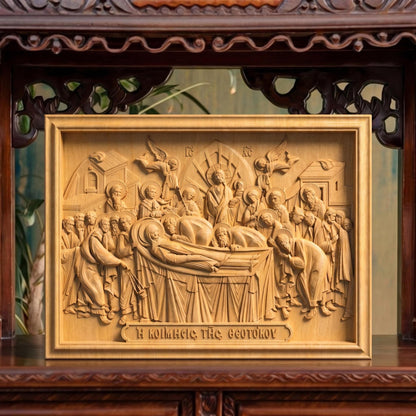 The Dormition of Mother of God Wooden Carved Handmade Christian Icon | Byzantine Greek Orthodox Home Art Decor