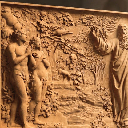 God Adam and Eve Wooden Bas Relief | Wood Panel Art | Sculptural Gift Idea