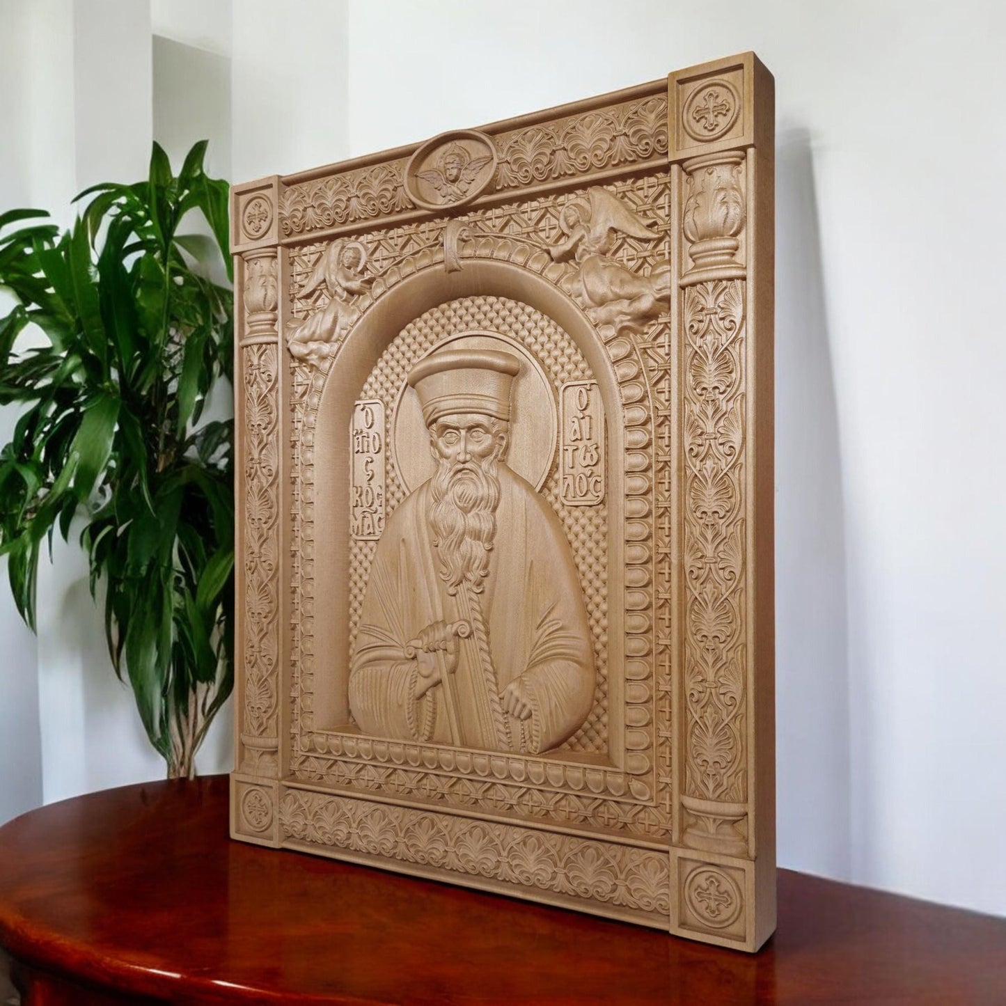 Saint Kosmas the Aetolian Wooden Carved Handmade Christian Icon. Byzantine Greek Orthodox Home Art Decor.
