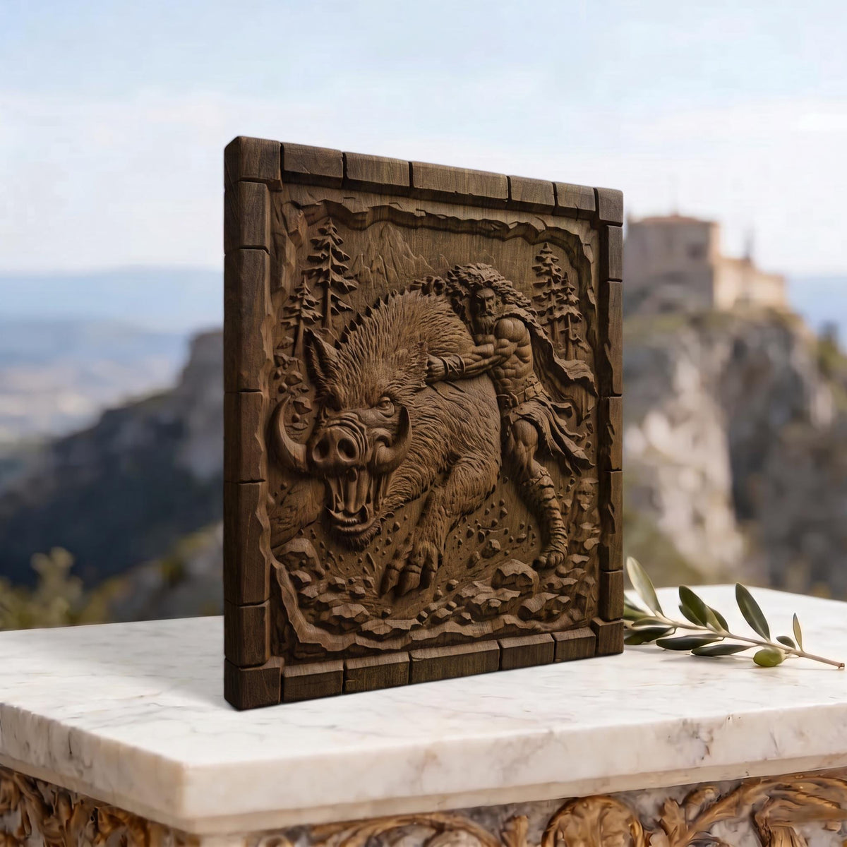 Hercules Fighting the Wild Boar from Ancient Greek Mythology 3D Wooden Bas Relief Panel Art Sculptural Gift Idea Cretan Holy Carvings