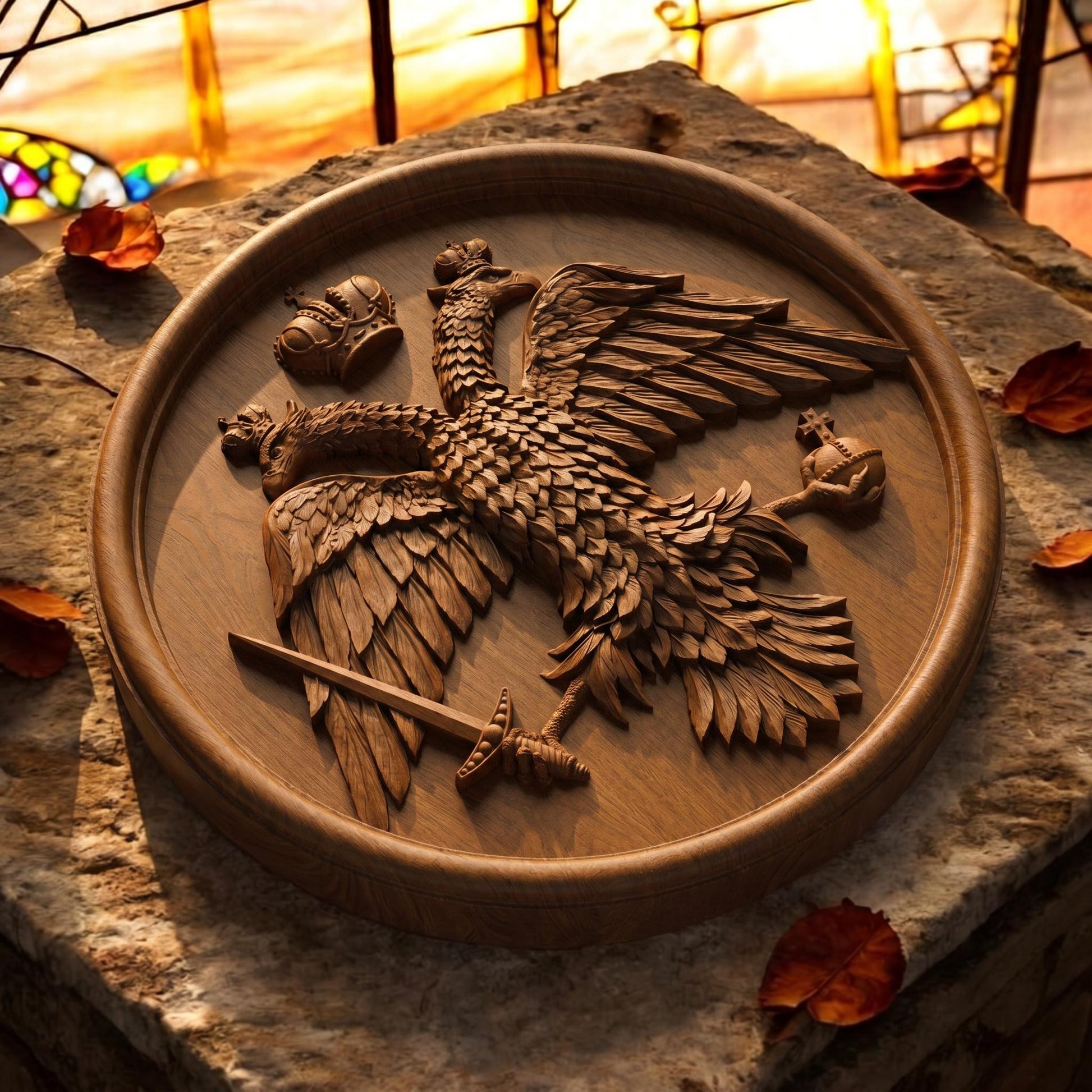 Byzantine Double Headed Eagle Plate Wooden Carved Handmade Christian Icon Flat Side Brown Oak Cretan Holy Carvings