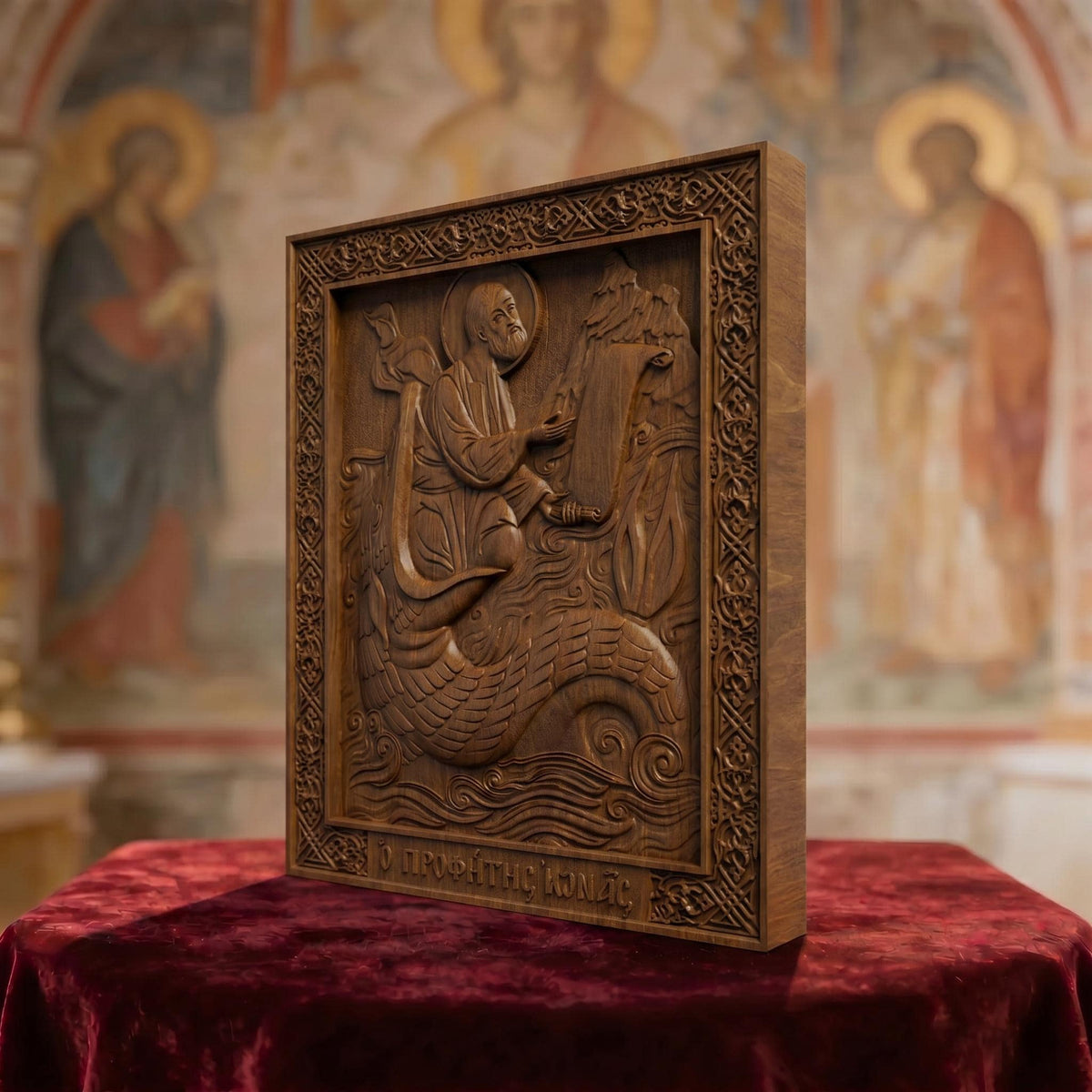 Prophet Jonah Wooden Carved Handmade Christian Icon. Byzantine Greek Orthodox Home Decor.