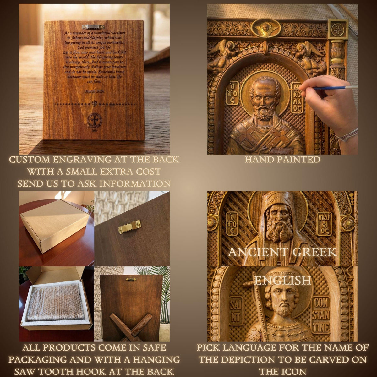 The image is a collage of four photos showcasing different types of wooden engravings, including a carved wooden box, a hand-painted wooden statue, a carved wooden plaque, and a carved wooden plaque.