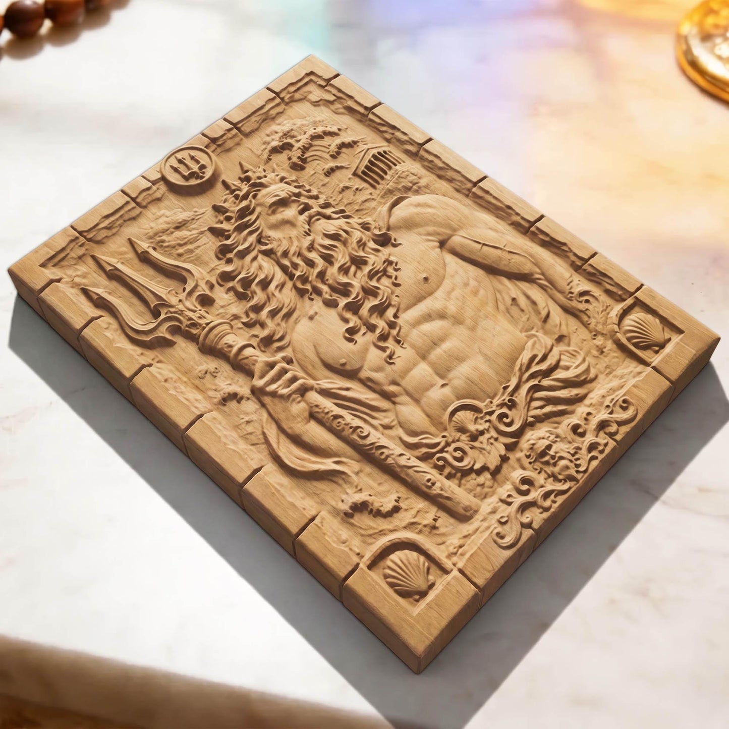 Poseidon God of Olympus from Ancient Greek Mythology 3D Wooden Bas Relief Panel Art Sculptural Gift Idea Cretan Holy Carvings
