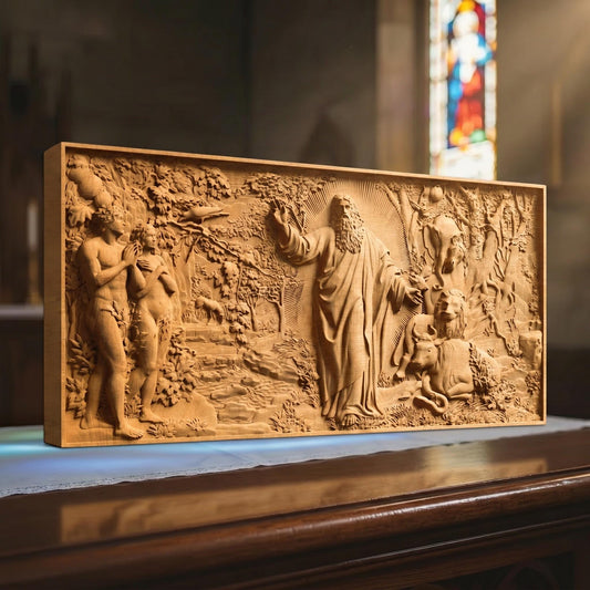 May include: A rectangular wooden relief carving depicting a biblical scene. The carving features figures of Adam and Eve, a bearded figure, and various animals. The artwork is displayed on a wooden surface, with a stained glass window in the background.