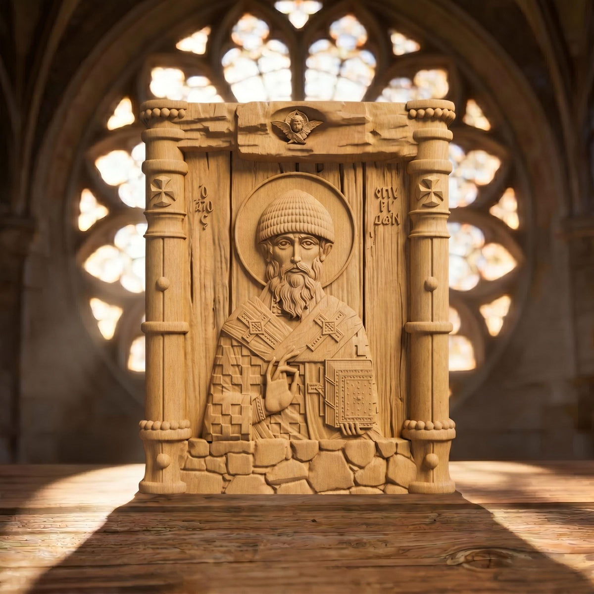 Saint Spyridon Wooden Carved Handmade Christian Icon Patron Saint of Farmers Front Side Natural Wood Color Cretan Holy Carvings
