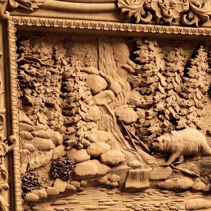 Bear in the Forest Framed Bas Relief | Wooden Bear Carving | Sculptural Gift Idea