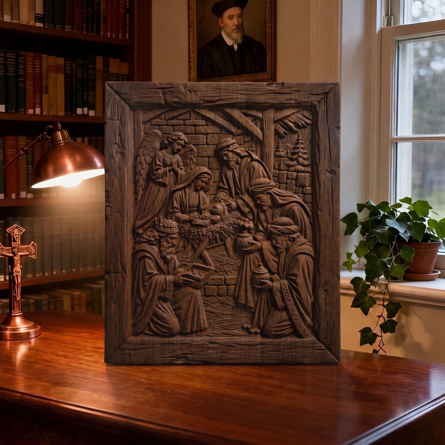 Jesus Christ and the Three Magicians Wooden Carved Handmade Christian Icon  Byzantine Greek Orthodox Home Decor Cretan Holy Carvings