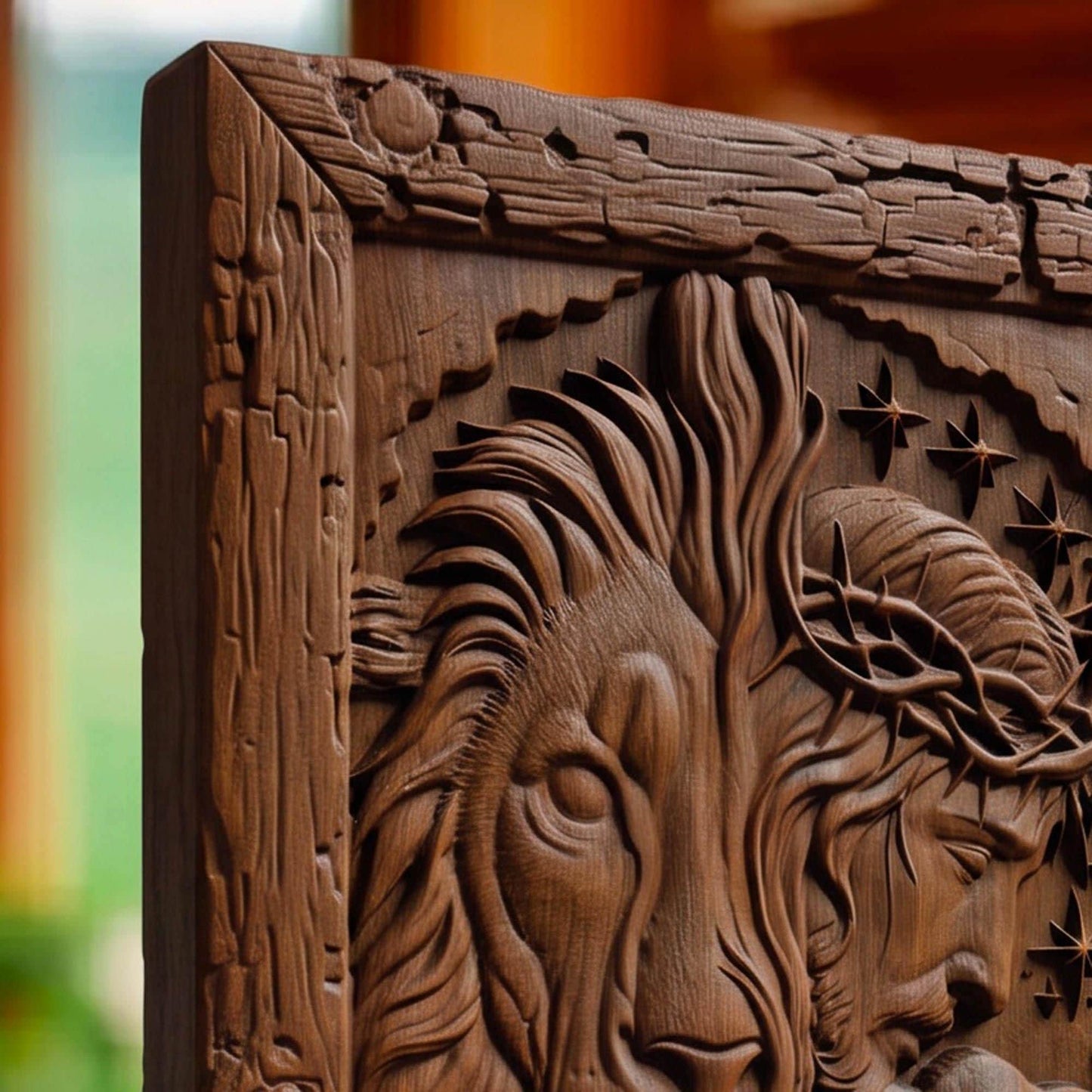 Jesus Christ the Lion Wooden Carved Handmade Christian Icon  Byzantine Greek Orthodox Home Art Decor Cretan Holy Carvings