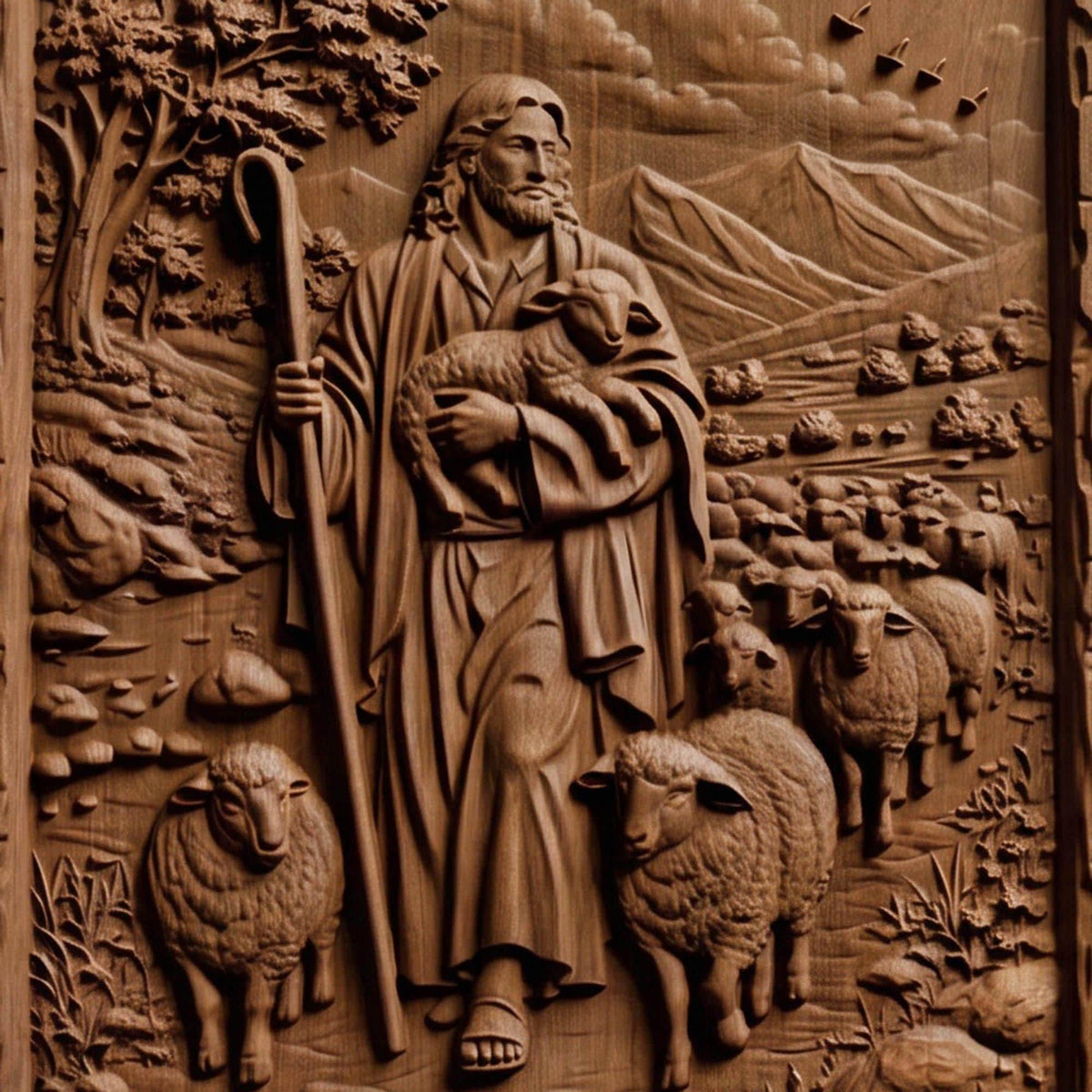 Jesus Christ the Good Shepherd Wooden Carved Handmade Christian Icon  Byzantine Greek Orthodox Home Decor Cretan Holy Carvings