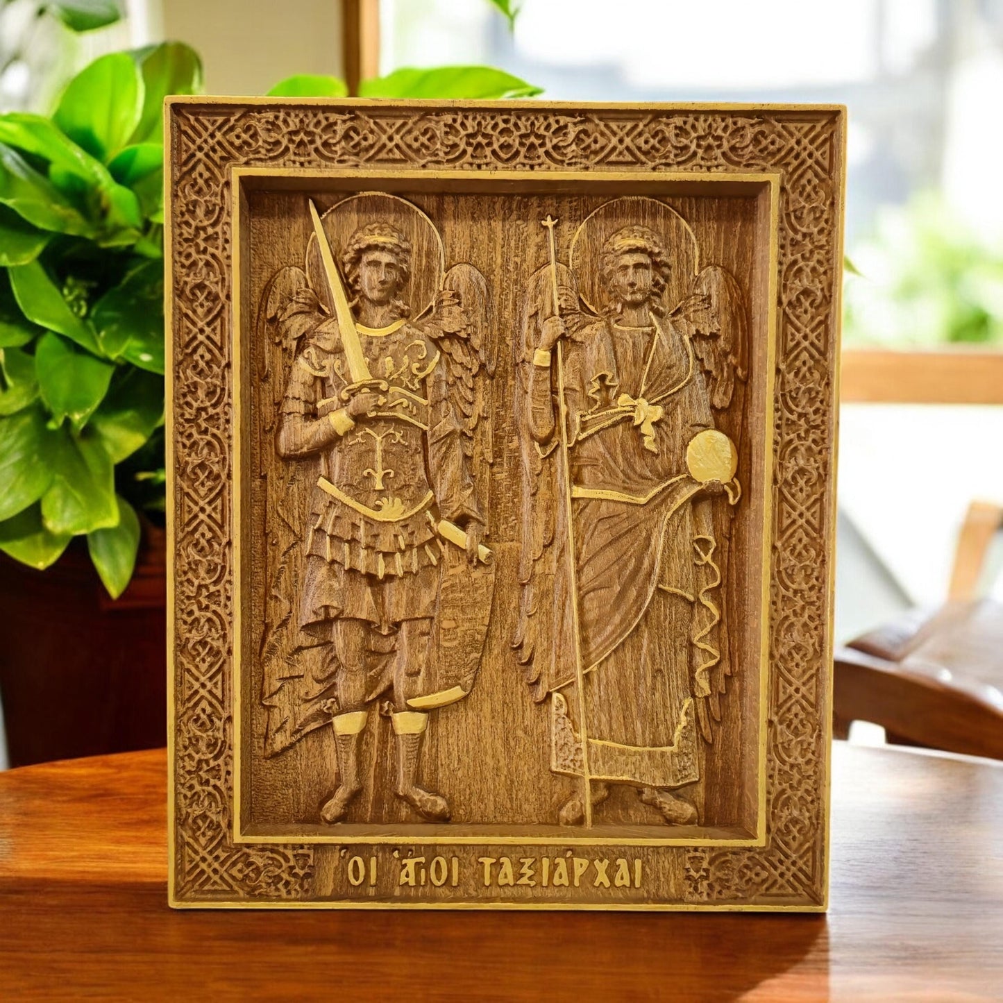 Archangels Michael and Gabriel Wooden Carved Handmade Christian Icon. Byzantine Greek Orthodox Home Decor.