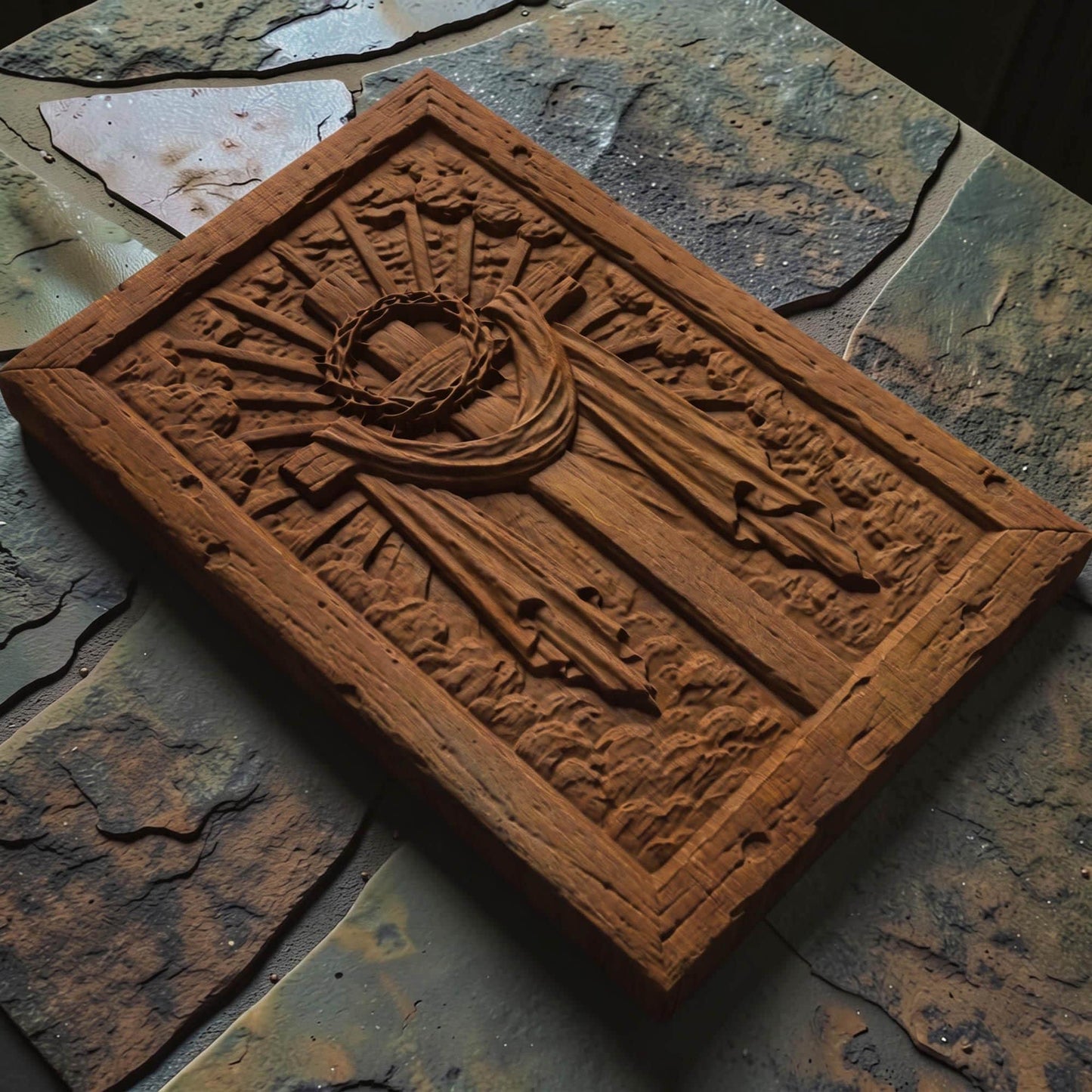 Jesus Christ Cross and Crown of Thorns Wooden Carved Handmade Christian Icon  Byzantine Greek Orthodox Home Art Decor Cretan Holy Carvings