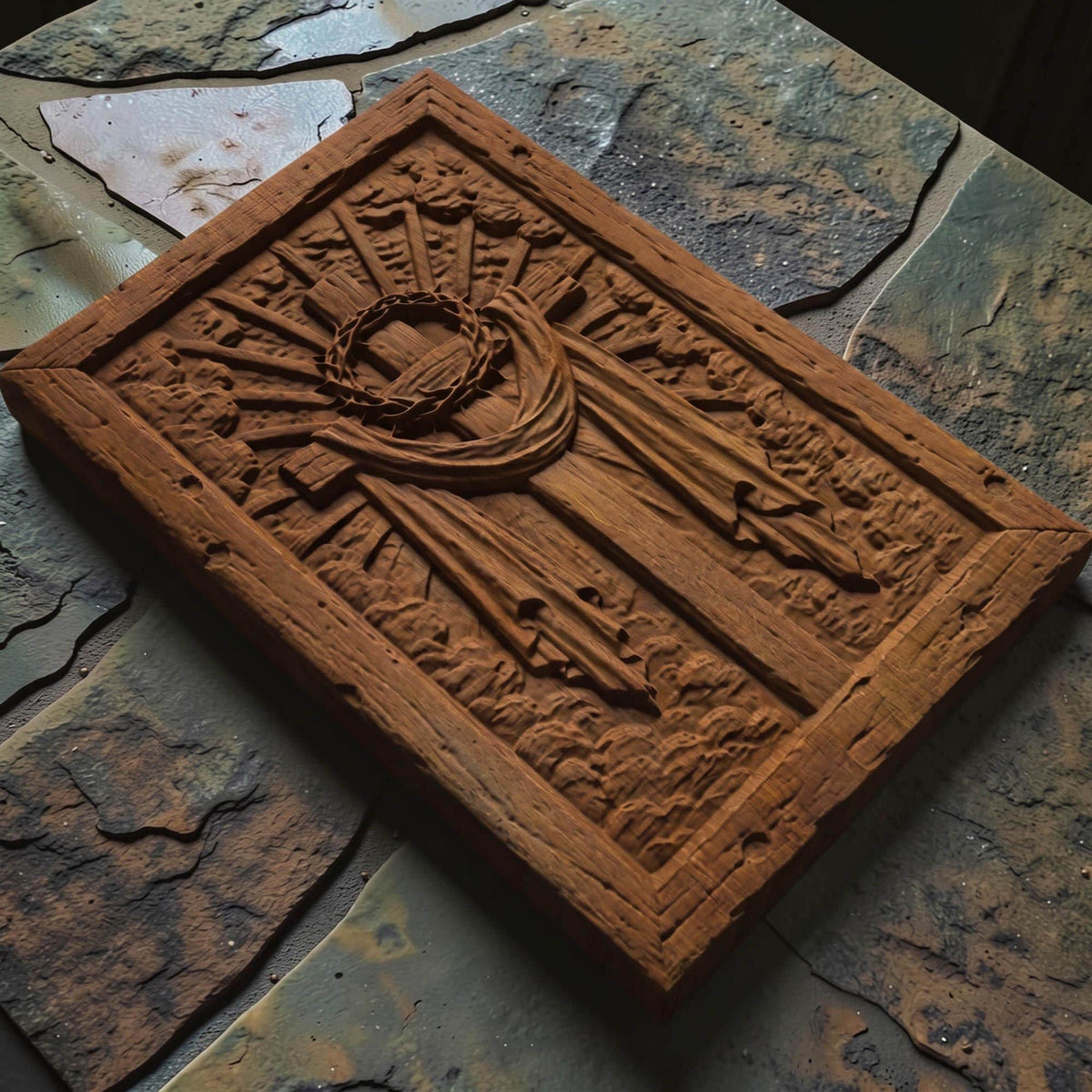 Jesus Christ Cross and Crown of Thorns Wooden Carved Handmade Christian Icon  Byzantine Greek Orthodox Home Art Decor Cretan Holy Carvings