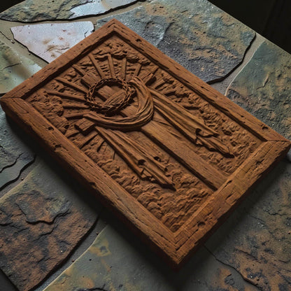 Jesus Christ Cross and Crown of Thorns Wooden Carved Handmade Christian Icon  Byzantine Greek Orthodox Home Art Decor Cretan Holy Carvings