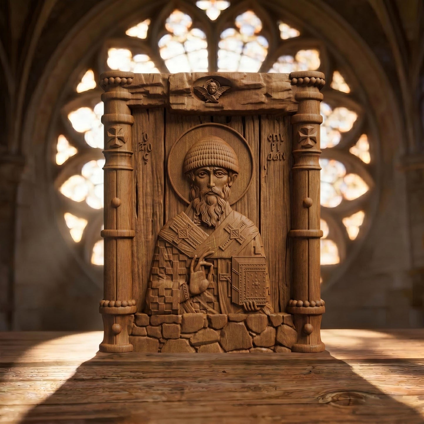 Saint Spyridon Wooden Carved Handmade Christian Icon Patron Saint of Farmers Front Side Brown Oak Cretan Holy Carvings