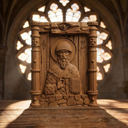 Saint Spyridon Wooden Carved Handmade Christian Icon Patron Saint of Farmers Front Side Brown Oak Cretan Holy Carvings