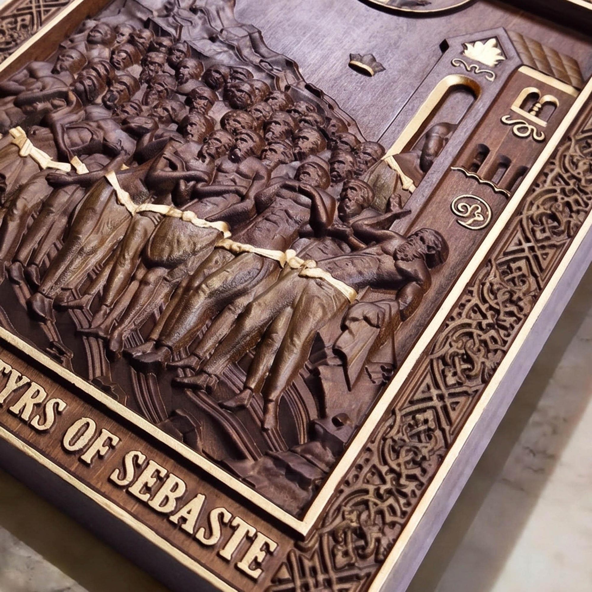Forty Martyrs of Sebaste Wooden Carved Handmade Christian Icon Flat Side Golden Brown Cretan Holy Carvings