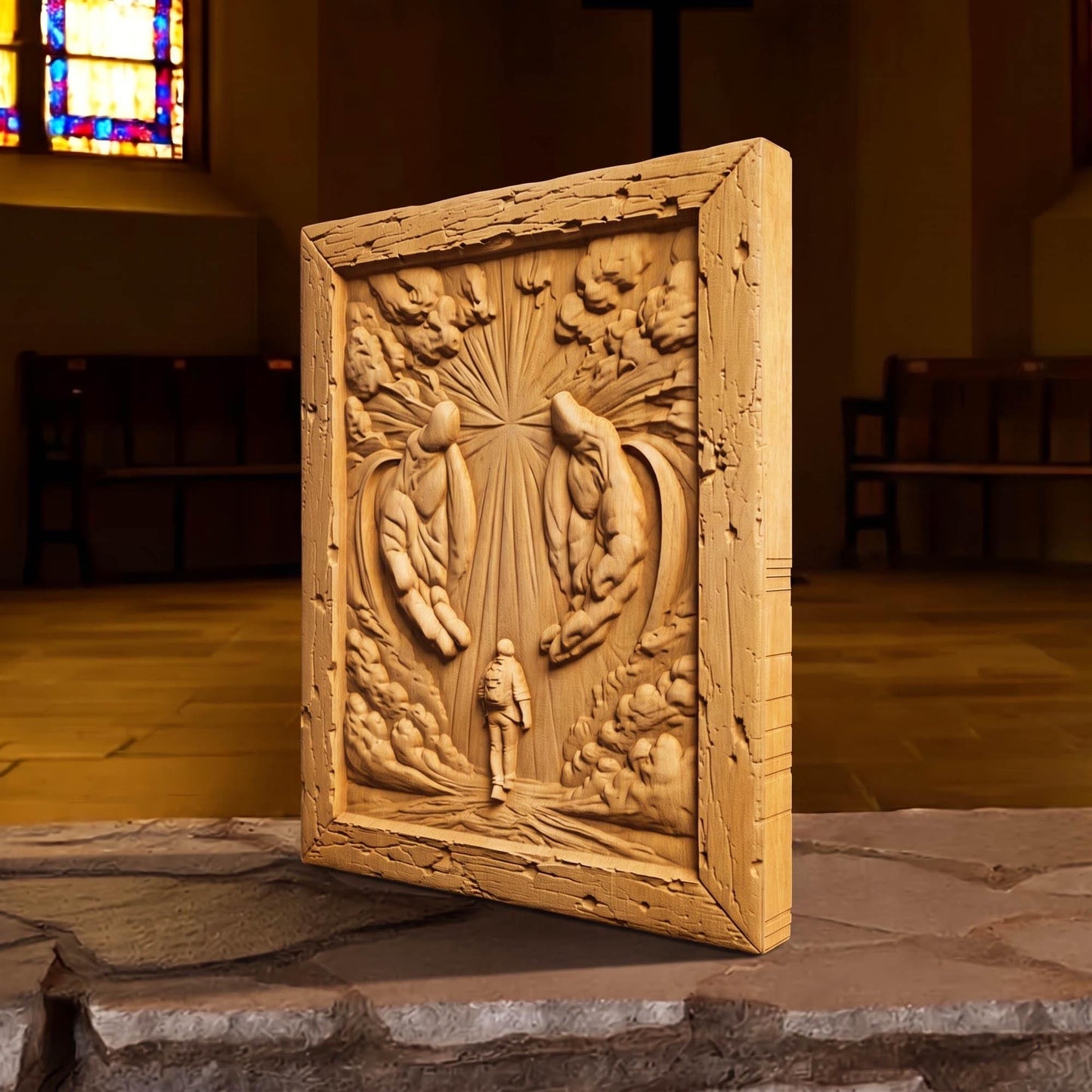Jesus Christ Protecting at Every Step Wooden Carved Handmade Christian Icon  Byzantine Greek Orthodox Home Art Decor Cretan Holy Carvings