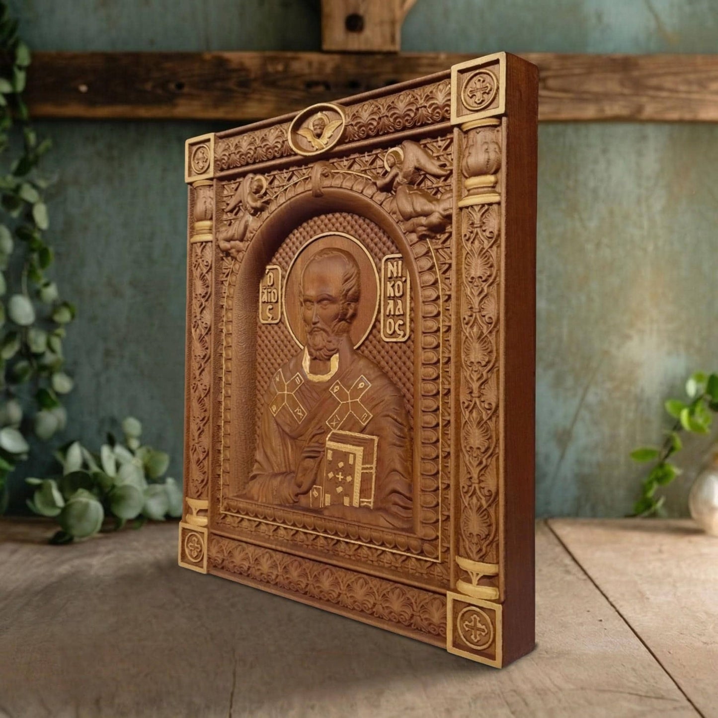 Saint Nicholas Wooden Carved Handmade Christian Icon. Byzantine Greek Orthodox Home Art Decor.