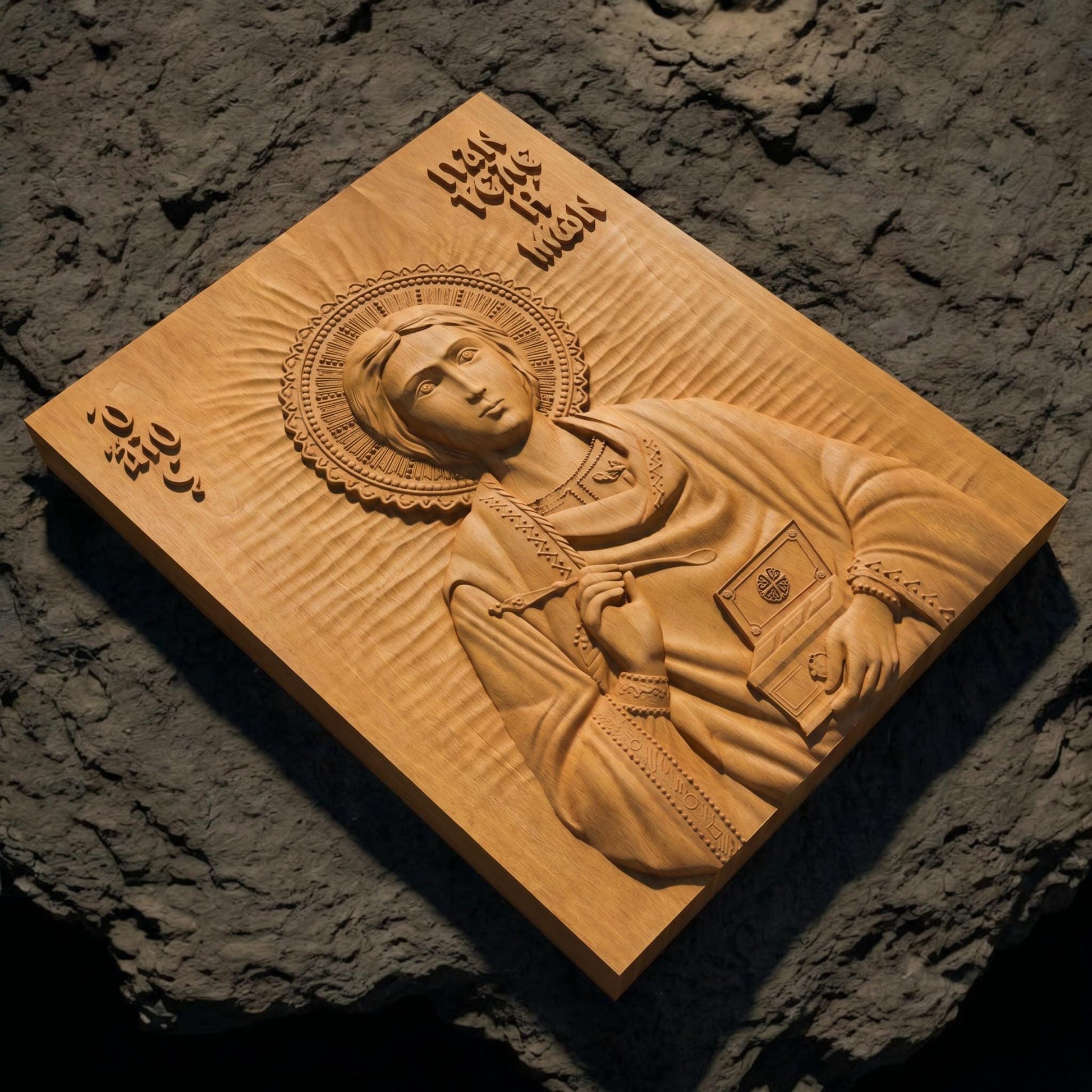 Saint Panteleimon Wooden Carved Handmade Christian Icon Patron Saint of Doctors and Physicians Flat Side Natural Wood Color Cretan Holy Carvings