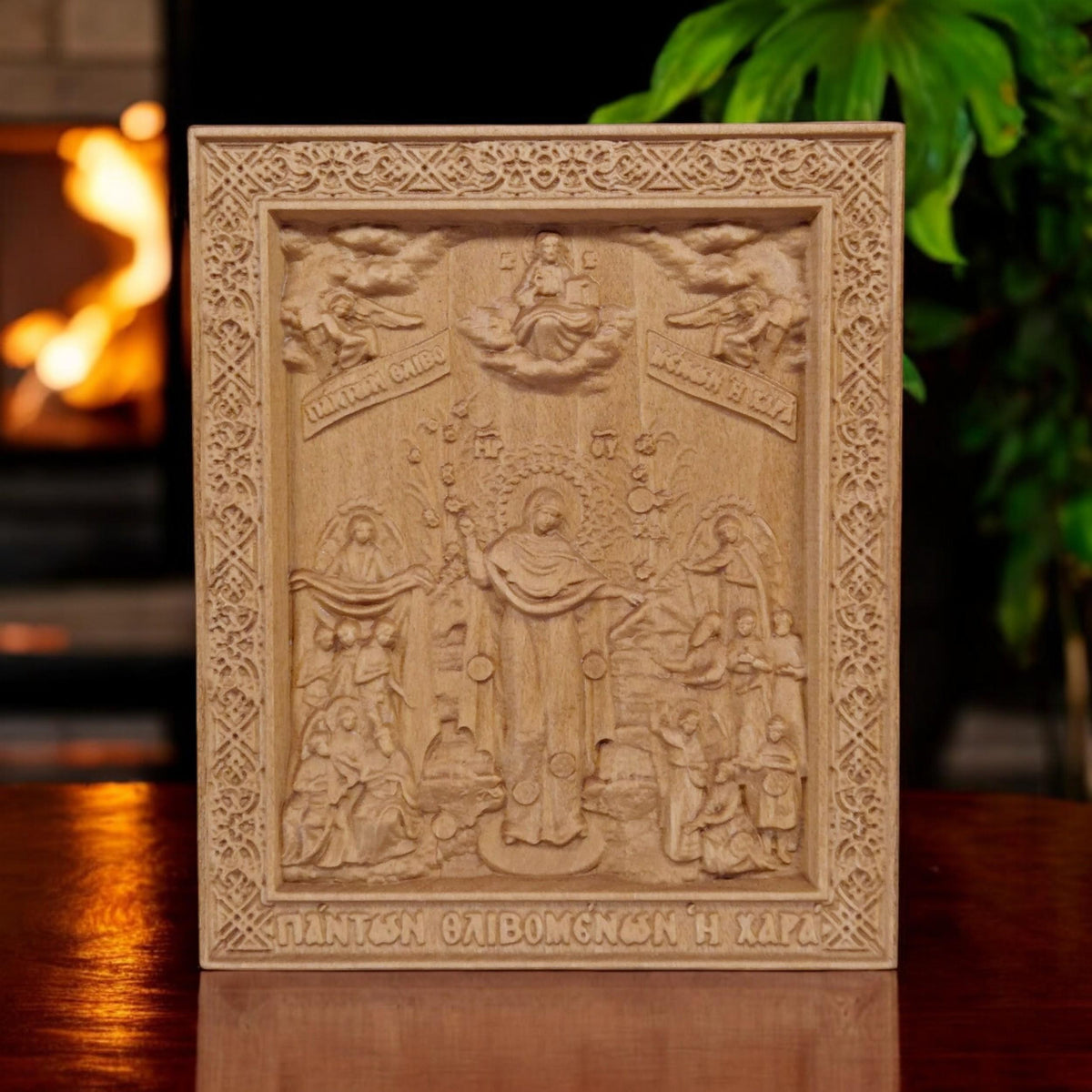 Mother of God Joy of All Who Sorrow Wooden Carved Handmade Christian Icon. Byzantine Greek Orthodox Home Art Decor.