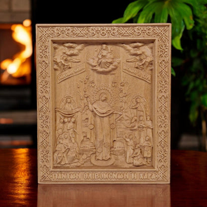 Mother of God Joy of All Who Sorrow Wooden Carved Handmade Christian Icon. Byzantine Greek Orthodox Home Art Decor.