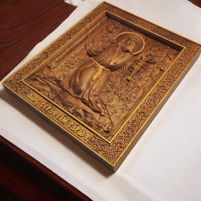 Saint Seraphim of Sarov Wooden Carved Handmade Christian Icon. Byzantine Greek Orthodox Home Decor.