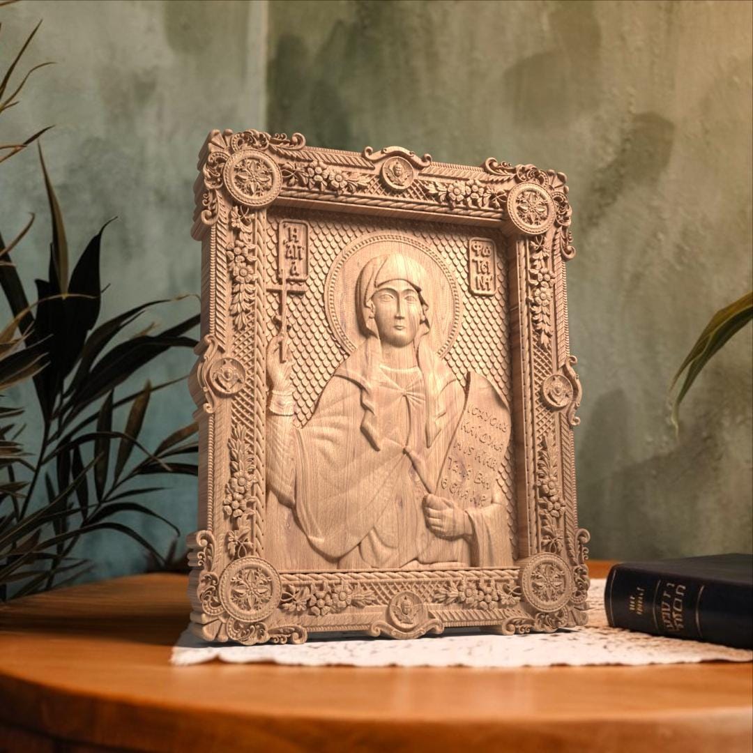 Saint Fotini Wooden Carved Handmade Christian Icon. Byzantine Greek Orthodox Home Art Decor.