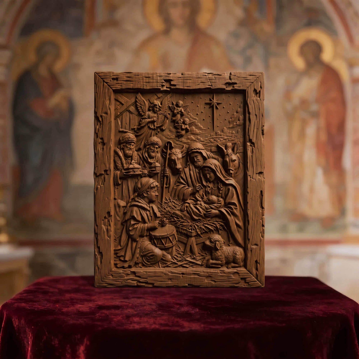 The Birth of Jesus Wooden Carved Handmade Christian Icon  Byzantine Greek Orthodox Home Decor Cretan Holy Carvings