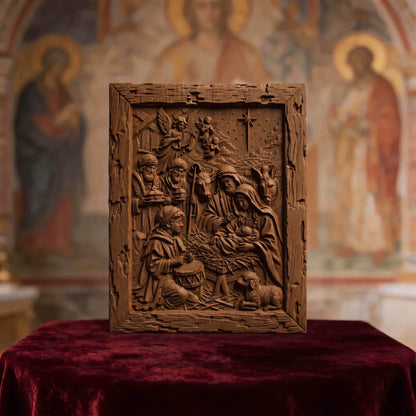 The Birth of Jesus Wooden Carved Handmade Christian Icon  Byzantine Greek Orthodox Home Decor Cretan Holy Carvings