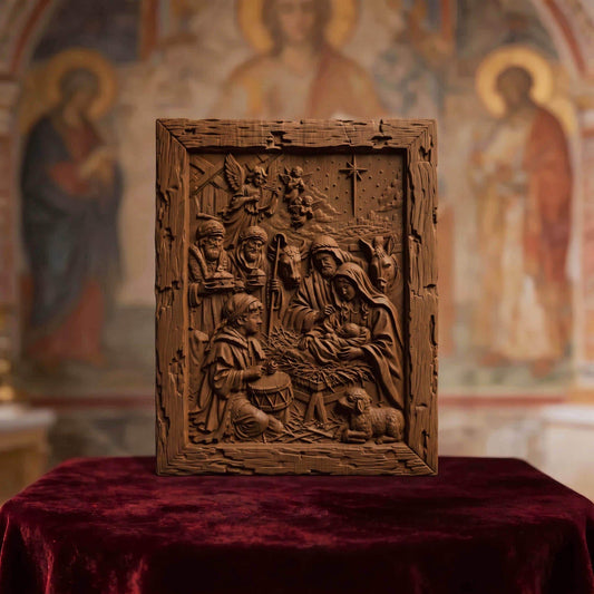 The Birth of Jesus Wooden Carved Handmade Christian Icon  Byzantine Greek Orthodox Home Decor Cretan Holy Carvings
