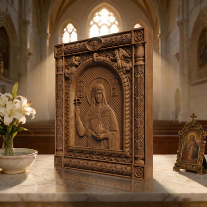 Saint Lucy Patron Saint of Blindness Wooden Carved Handmade Christian Icon | Byzantine Greek Orthodox Home Art Decor
