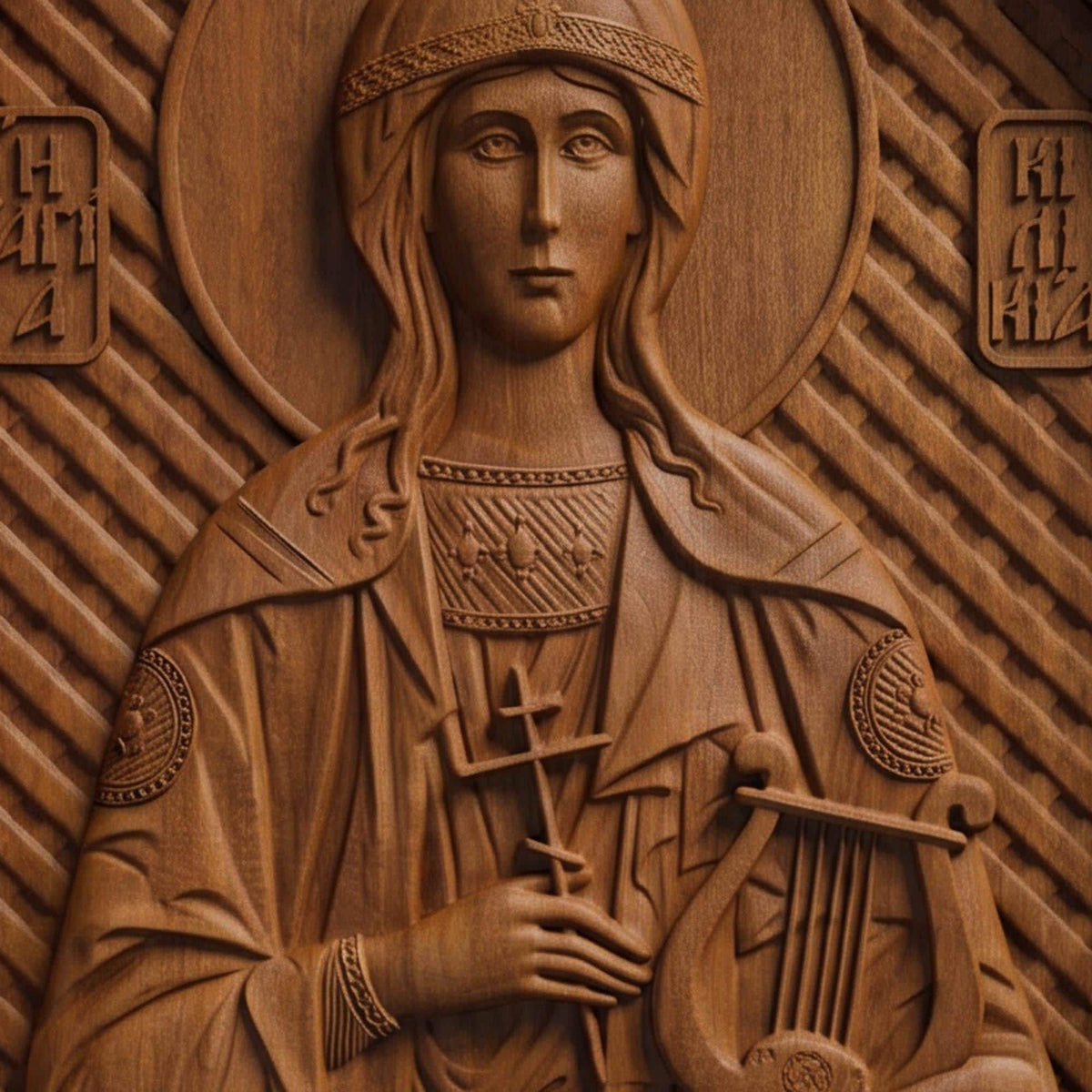 Saint Cecilia Patron Saint of Musicians Wooden Carved Handmade Christian Icon | Byzantine Greek Orthodox Home Art Decor