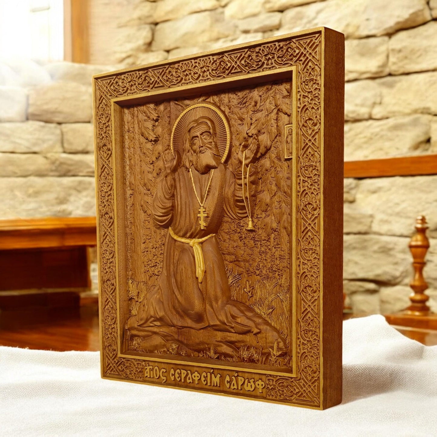 Saint Seraphim of Sarov Wooden Carved Handmade Christian Icon. Byzantine Greek Orthodox Home Decor.