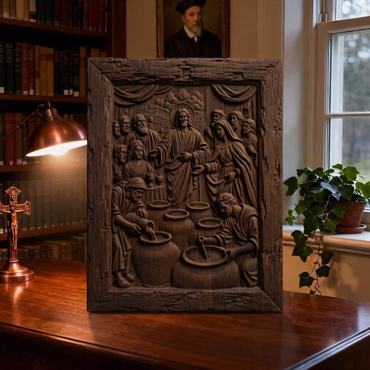 Jesus Christ and the Miracle at Cana Wooden Carved Handmade Christian Icon  Byzantine Greek Orthodox Home Decor Cretan Holy Carvings