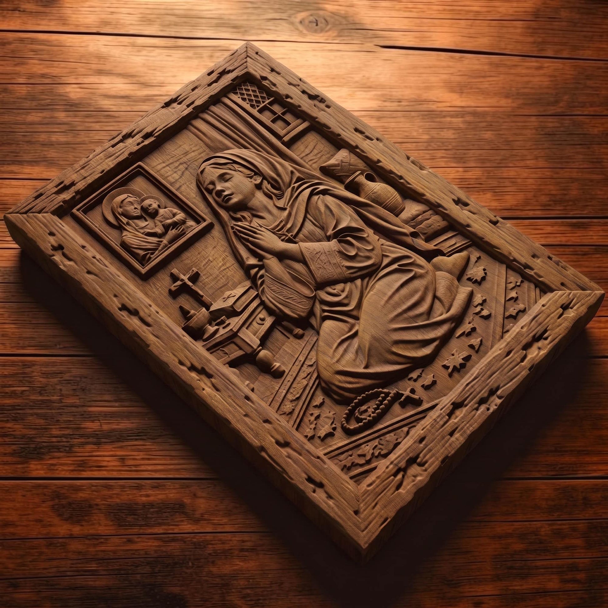 Young Girl Praying to God Wooden Carved Handmade Christian Icon  Byzantine Greek Orthodox Home Decor Cretan Holy Carvings