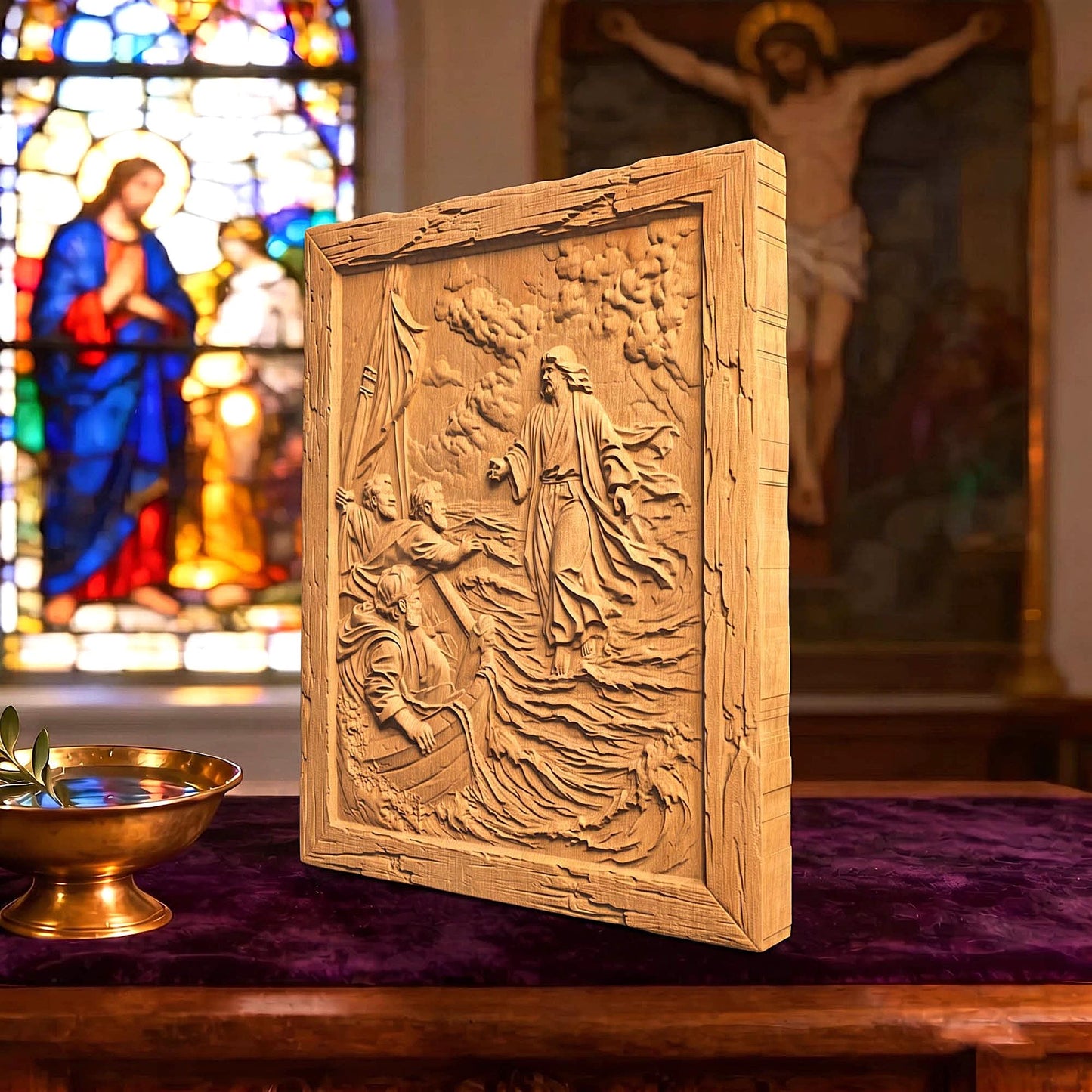 Jesus Christ Walks on Water Wooden Carved Handmade Christian Icon  Byzantine Greek Orthodox Home Decor Cretan Holy Carvings