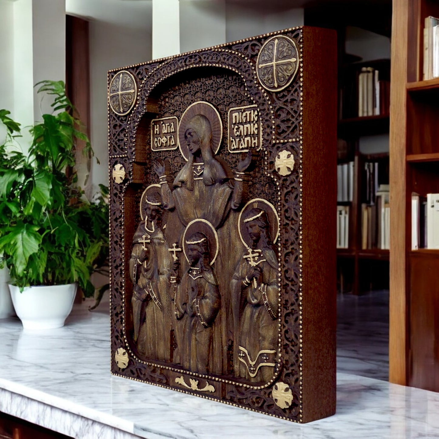 Αγίες Σοφία, Πίστη, Ελπίδα και Αγάπη Ξυλόγλυπτη Εικόνα.