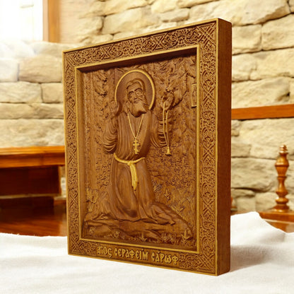 Άγιος Σεραφείμ του Σάρωφ Ξυλόγλυπτη Εικόνα.