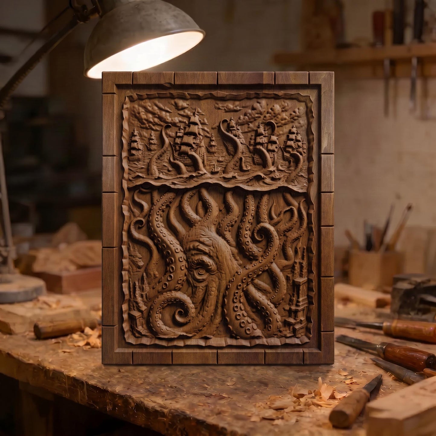 Kraken Atack on the Ships from Ancient Greek Mythology 3D Wooden Bas Relief Panel Art Sculptural Gift Idea Cretan Holy Carvings