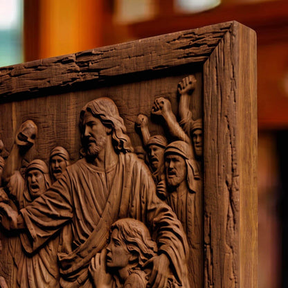 Jesus Christ Protects the Sinful Woman Wooden Carved Handmade Christian Icon  Byzantine Greek Orthodox Home Art Decor Cretan Holy Carvings