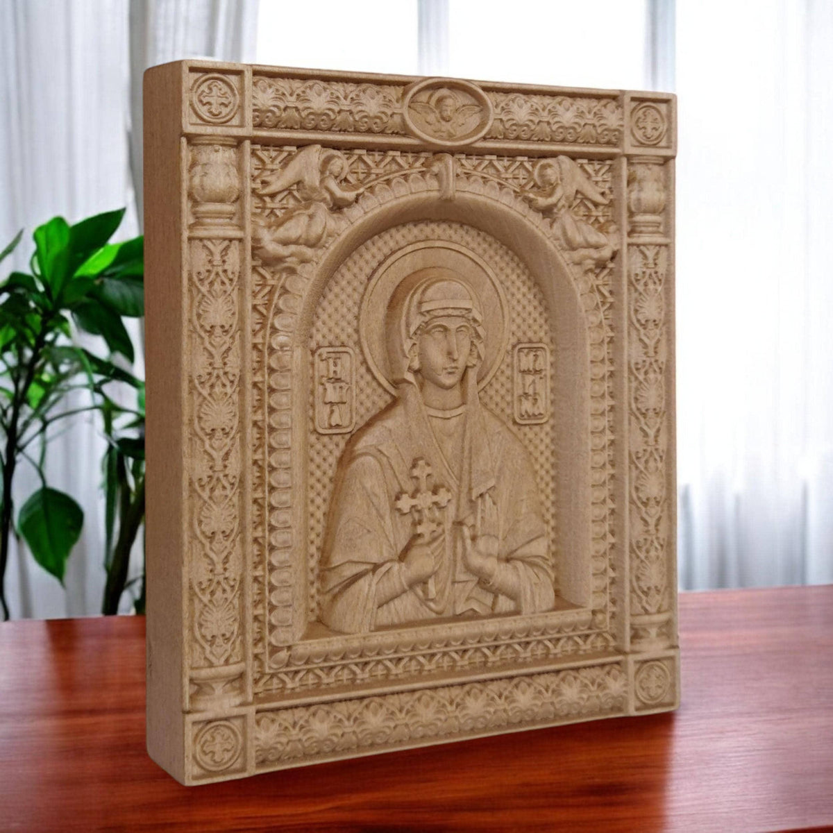 Saint Marina Wooden Carved Handmade Christian Icon. Byzantine Greek Orthodox Home Art Decor.