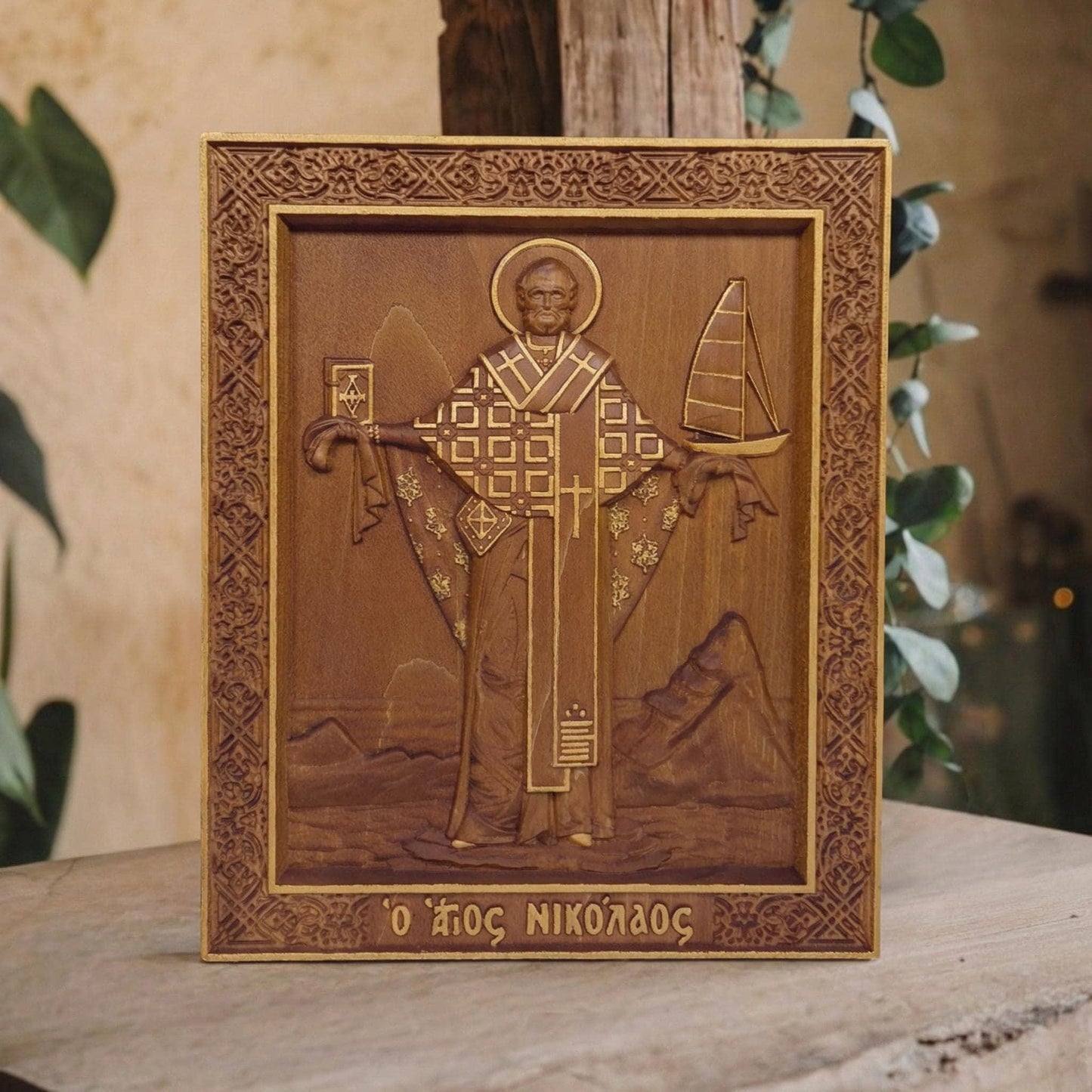 Saint Nicholas Wooden Carved Handmade Christian Icon. Byzantine Greek Orthodox Home Art Decor.