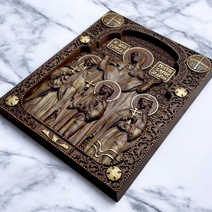 Saints Sophia Faith Hope Love Wooden Carved Handmade Christian Icon. Byzantine Greek Orthodox Decor.