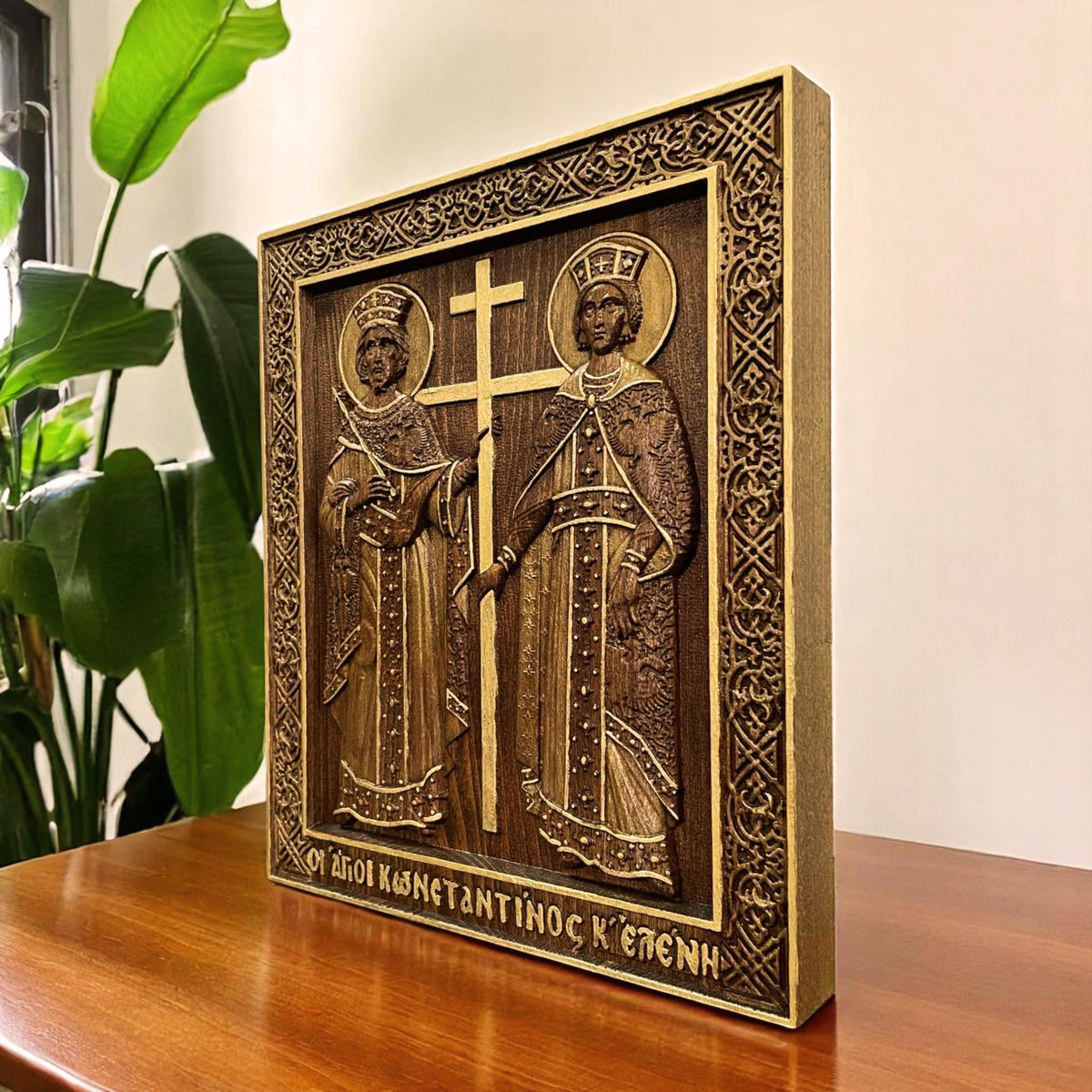 Saints Constantine and Helena Wooden Carved Handmade Christian Icon. Byzantine Greek Orthodox Home Decor.