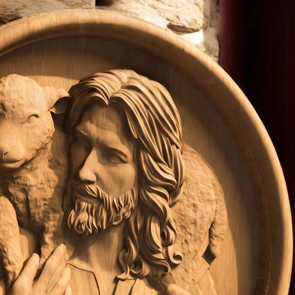 Jesus Christ Carrying Lamb Plate Wooden Carved Handmade Christian Icon Left Side Natural Wood Color Cretan Holy Carvings