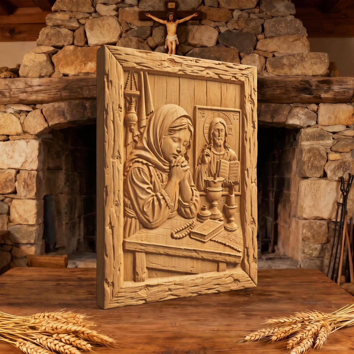 Young Girl Praying Wooden Carved Handmade Christian Icon  Byzantine Greek Orthodox Home Decor Cretan Holy Carvings