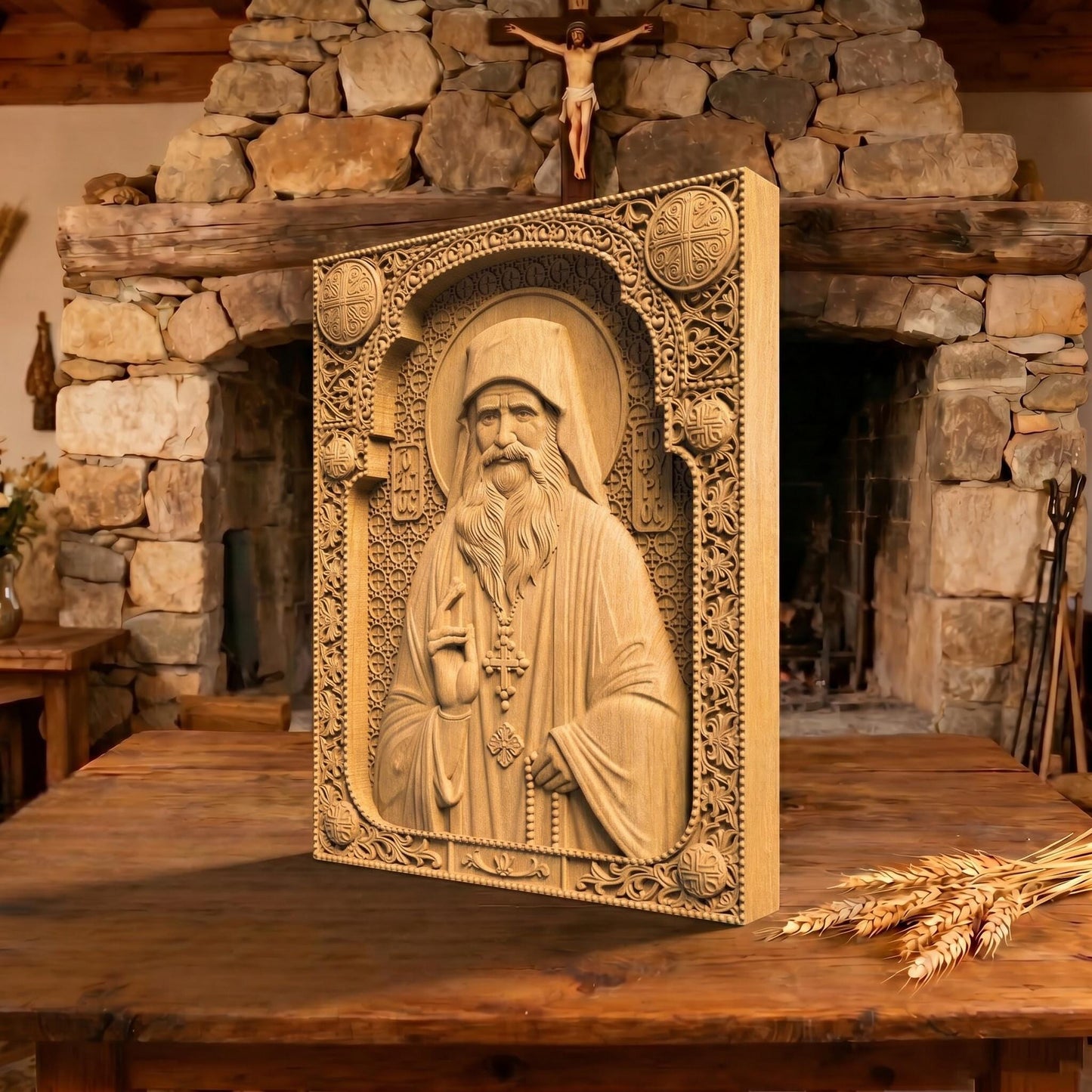 Saint Porphyrios of Kavsokalyvia Wooden Carved Handmade Christian Icon | Byzantine Greek Orthodox Home Art Decor