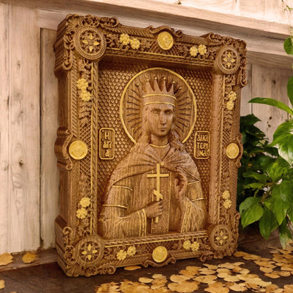 Saint Catherine Wooden Carved Handcrafted Christian Religious Icon. Byzantine Home Wall Art Decor Gift. Orthodox Greek Woodcarving Sculpture.