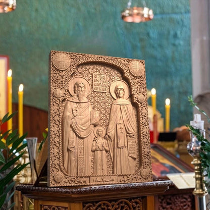 Άγιοι Ραφαήλ, Νικόλαος και Ειρήνη Ξυλόγλυπτη Εικόνα.